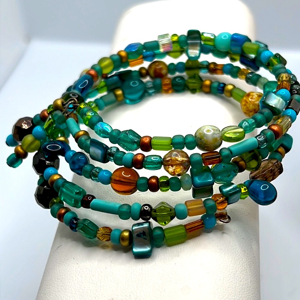 Turquoise, Orange, & Green Memory Wire Bracelet.